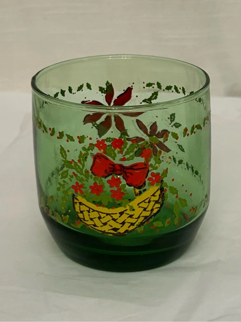 Vintage Green Glass Tumblers with Red Floral and Basket Motif - Set of‎ 6